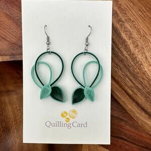 Quilled Dangle Leaf Earrings Green Paper Quilling Boho Peasant Cottage